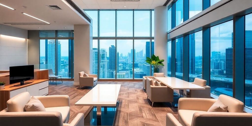 Modern office interior in Bangkok with city view.