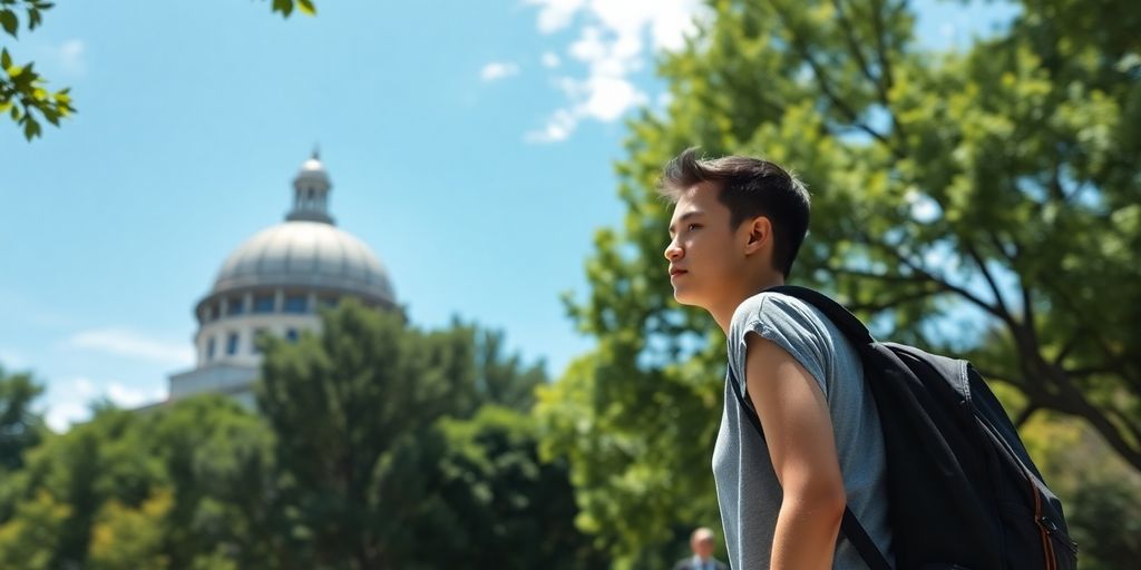 Caltech student walking on campus towards dome building.