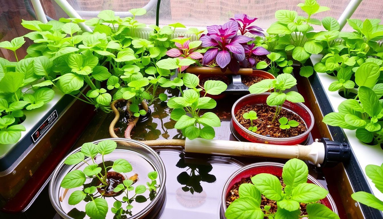 Illustrative hydroponic garden with plants in water.