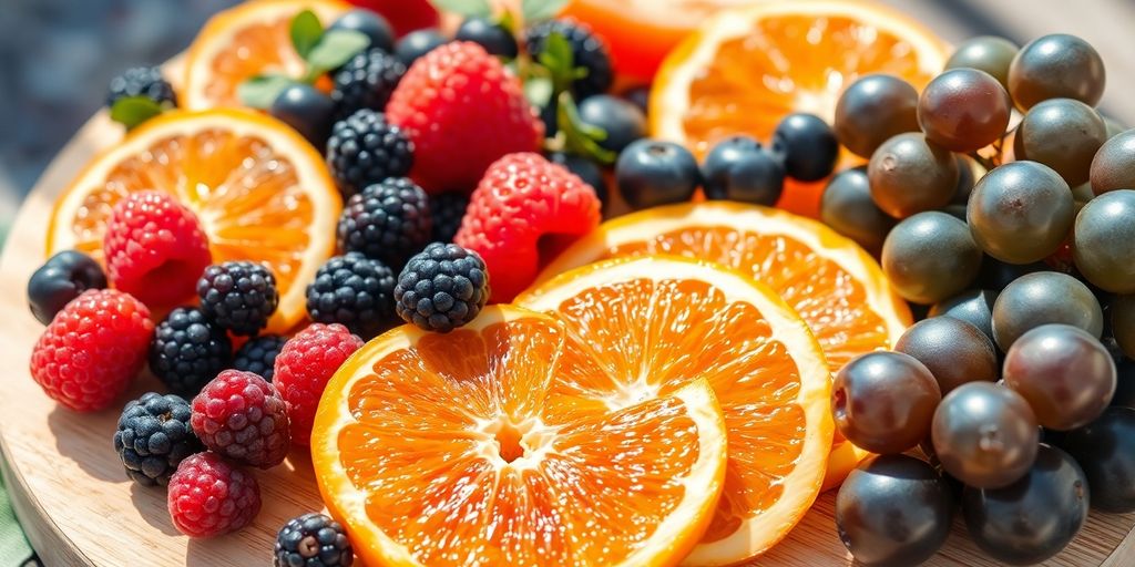 Colorful fruit display, healthy snack assortment.