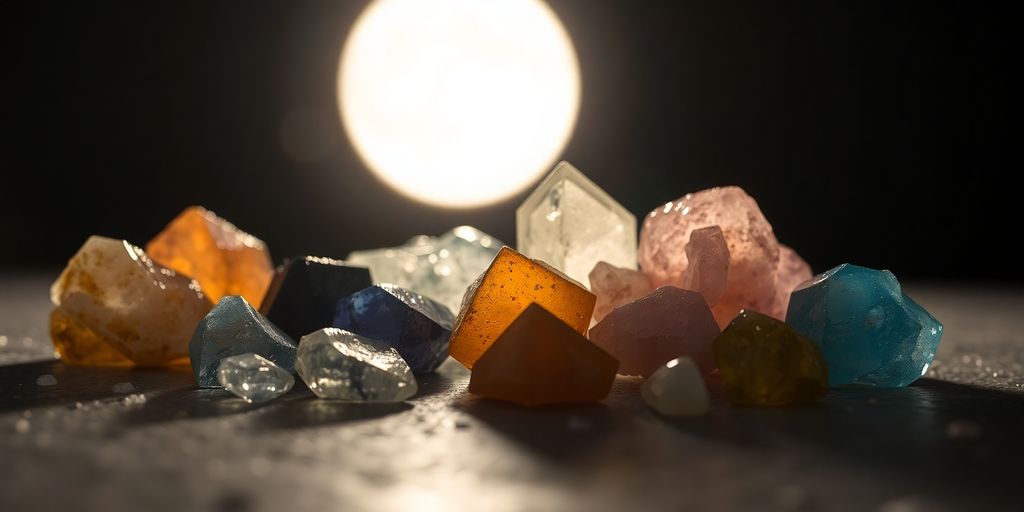 Cristalli colorati su una superficie illuminata dalla luna.