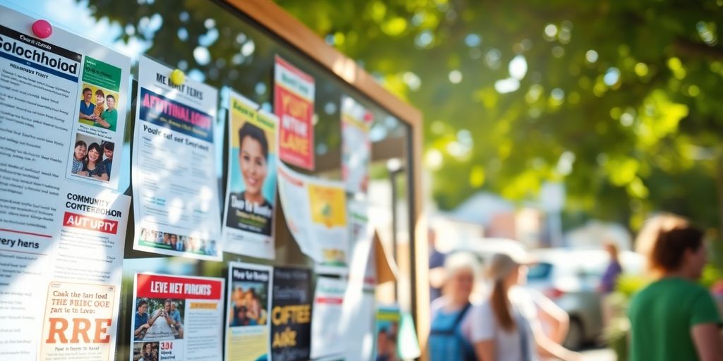 Community bulletin board with diverse local ads.