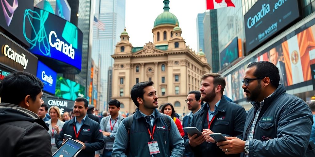 Traders discussing cryptocurrency in a Canadian urban setting.