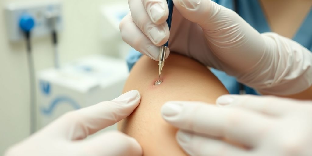 Profissional de saúde inserindo implante hormonal no braço.