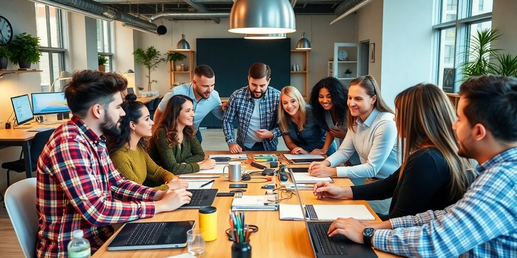Team brainstorming in a creative workspace on innovation.