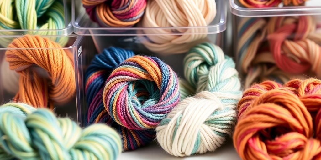 Colorful yarn neatly stacked in clear containers.