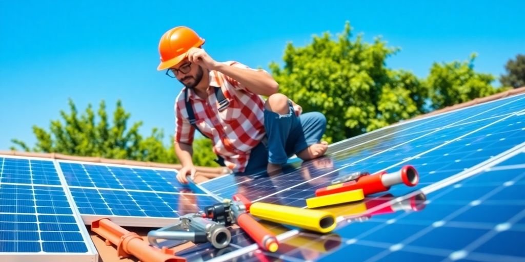 Person installing solar panels on a sunny rooftop.