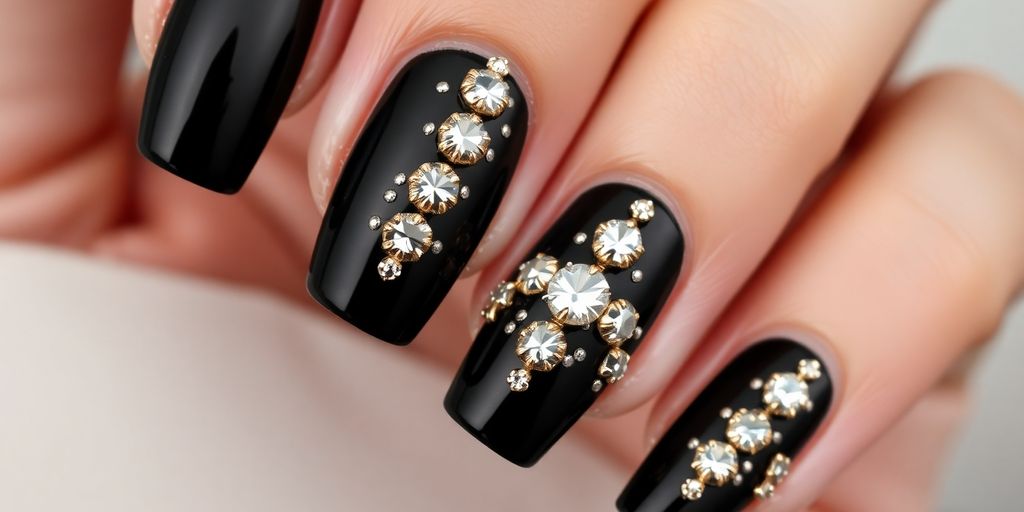 Unhas pretas com pedrarias e detalhes metálicos elegantes.