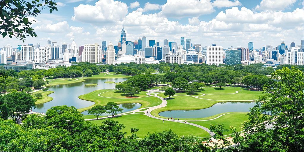 Lumpini Park with lush greenery and city skyline background.