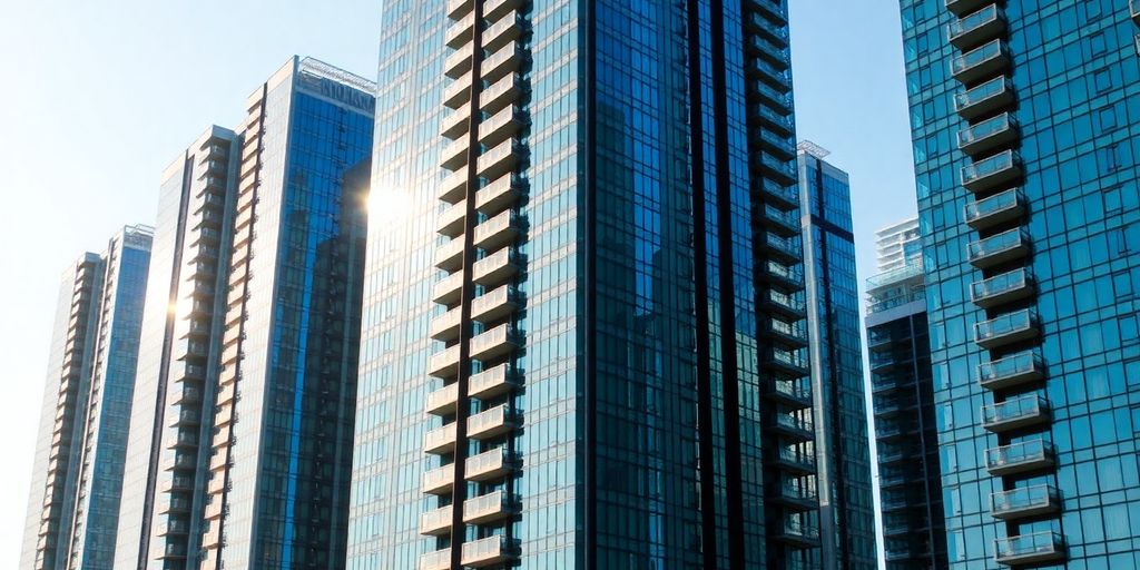 Modern condominium buildings against a clear blue sky.
