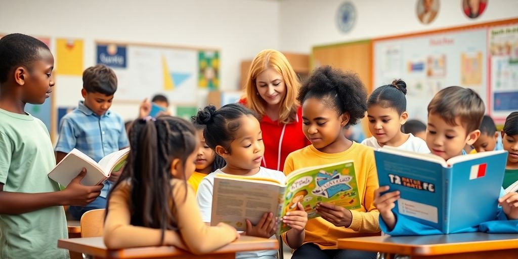 Students reading with a teacher in a bright classroom.