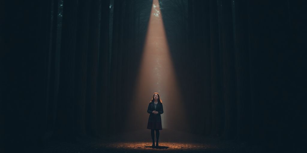 Woman calmly walking through a dark forest.