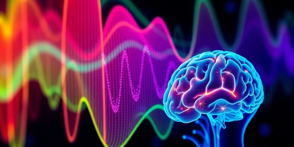 Vibrant soundwaves interacting with a human brain image.