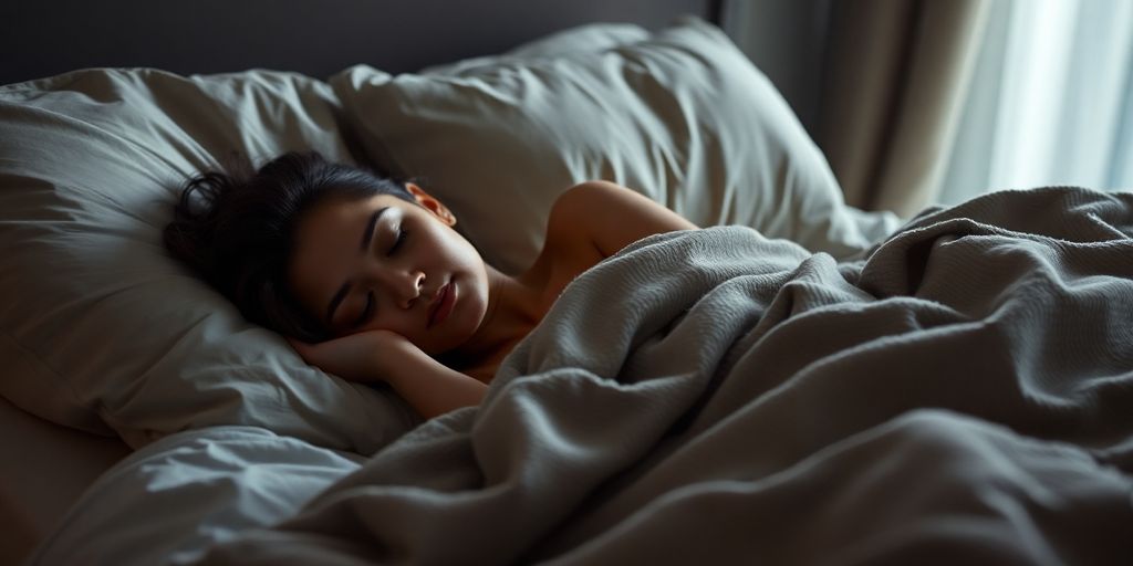 Person sleeping peacefully in a dimly lit, comfortable bedroom.