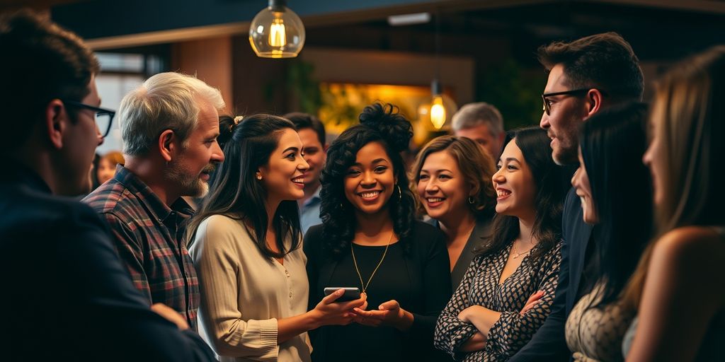 Diverse group in lively conversation
