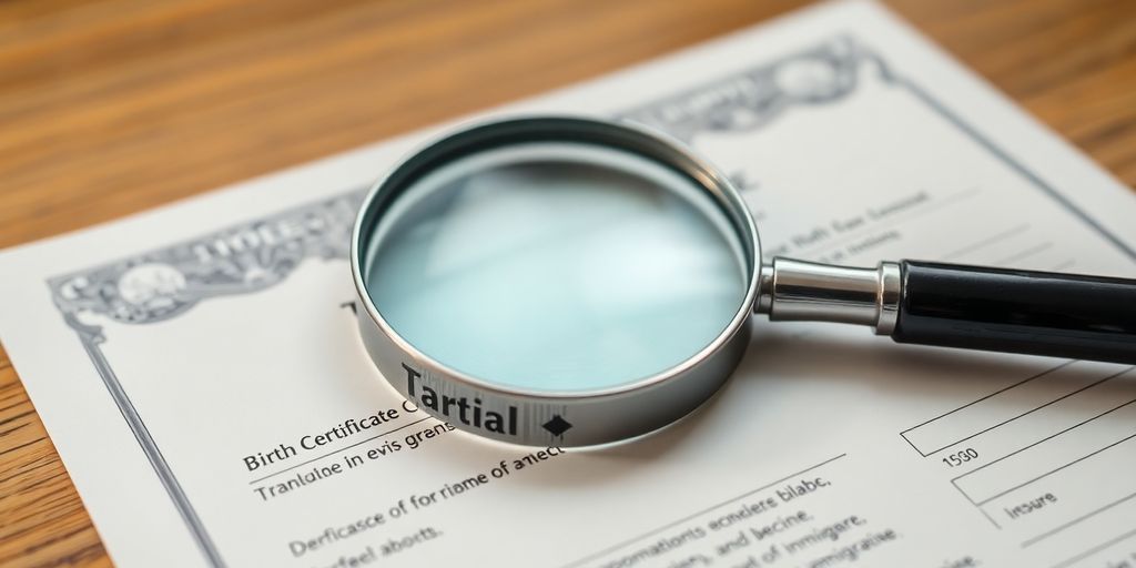 Close-up of a birth certificate and magnifying glass.