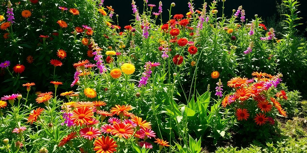 Vibrant garden with colorful flowers and lush green plants.