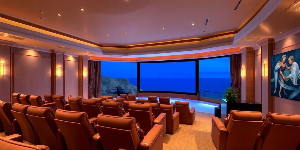 Luxurious home theater with plush seating and large screen.