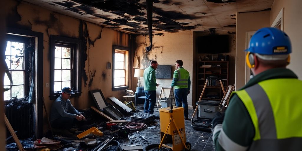 Fire-damaged home with restoration team assessing the damage.