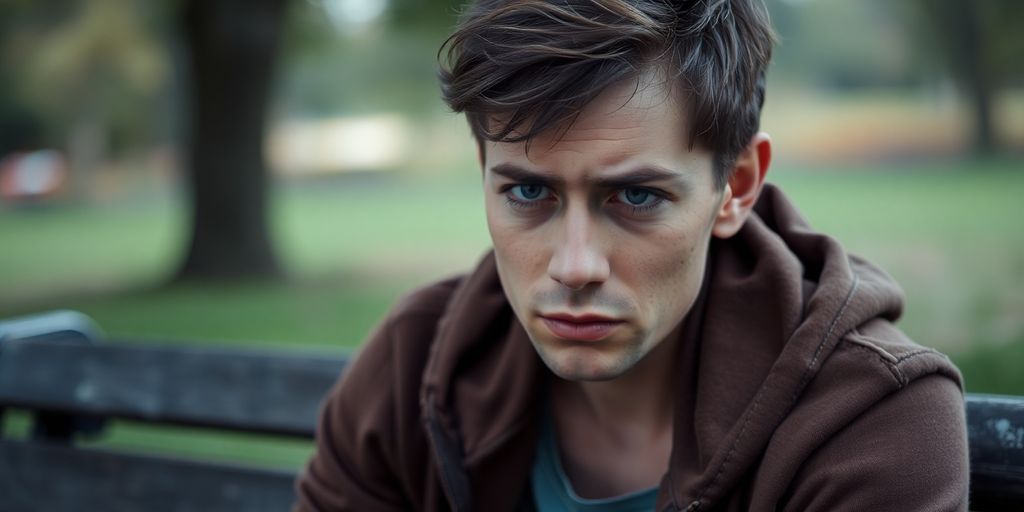 Person looking anxious while sitting on a bench outdoors.