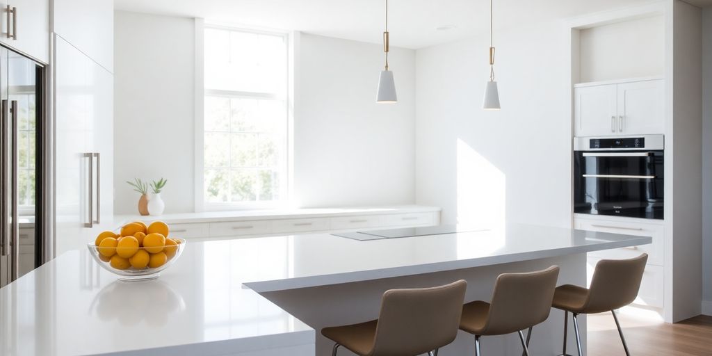 Modern köksö med barstolar och matplats.