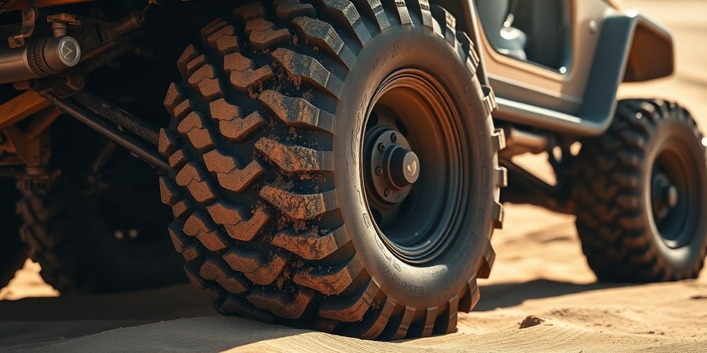 Off-road vehicle paddle tire, deep treads, wet sand, bright sunlight.