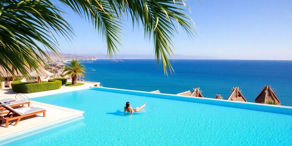 Infinity pool overlooking ocean with palm trees and lounge chairs.
