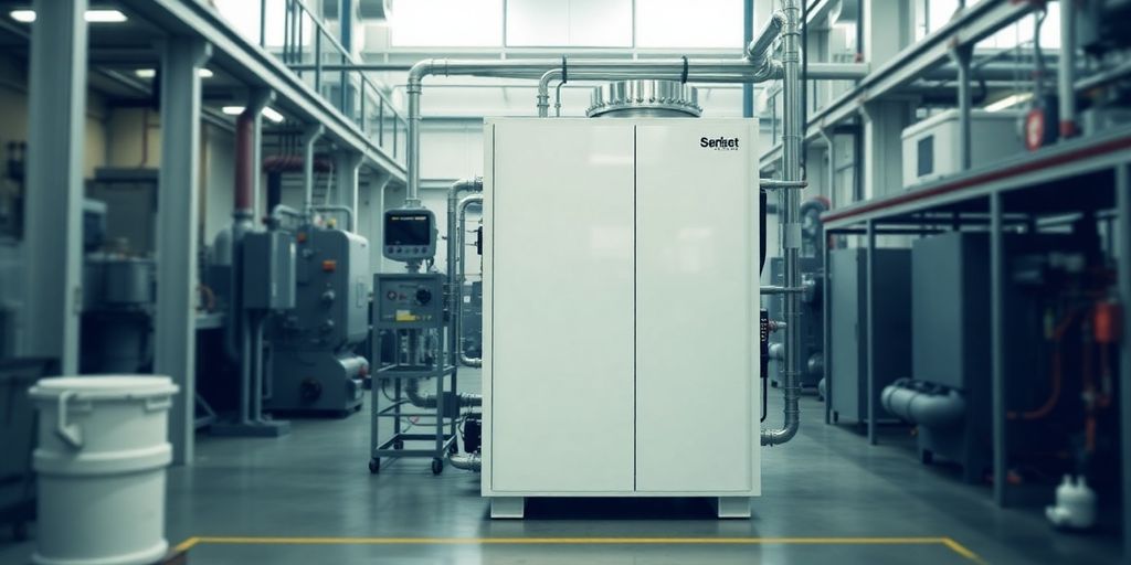 Compact industrial steam boiler in a manufacturing setting.
