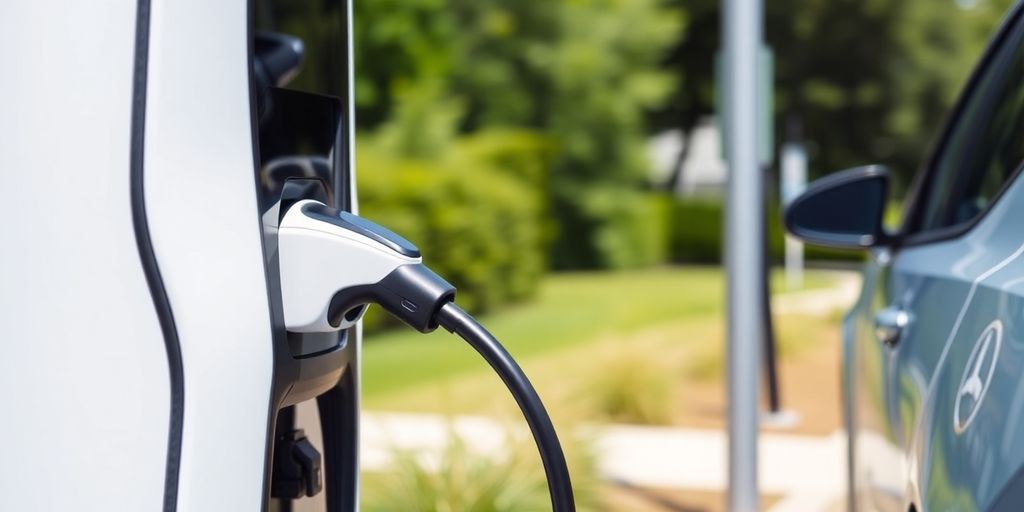 Electric vehicle charging station with a car plugged in.