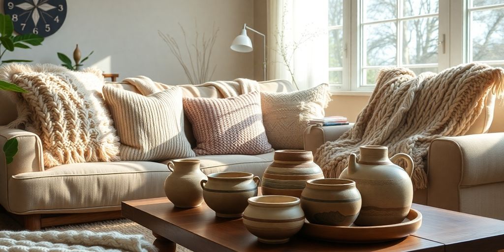 Cozy living room with handmade decor and warm lighting.