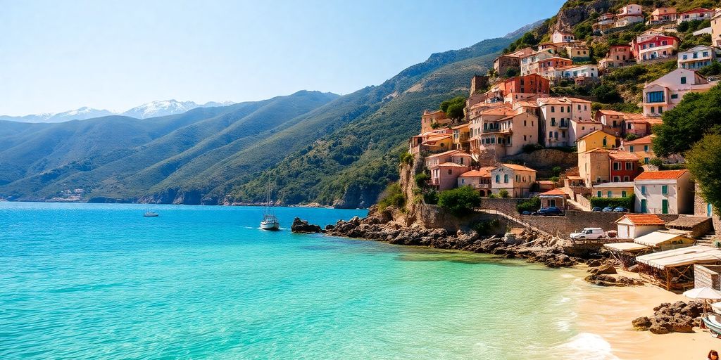 Plage ensoleillée, mer turquoise, montagnes lointaines, village perché.