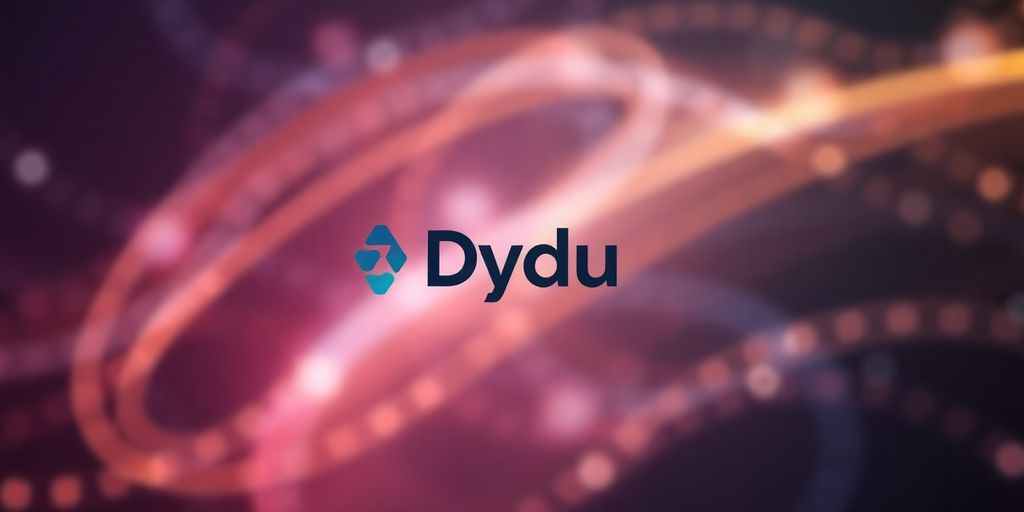 Logo de Dydu con un fondo abstracto y vibrante.