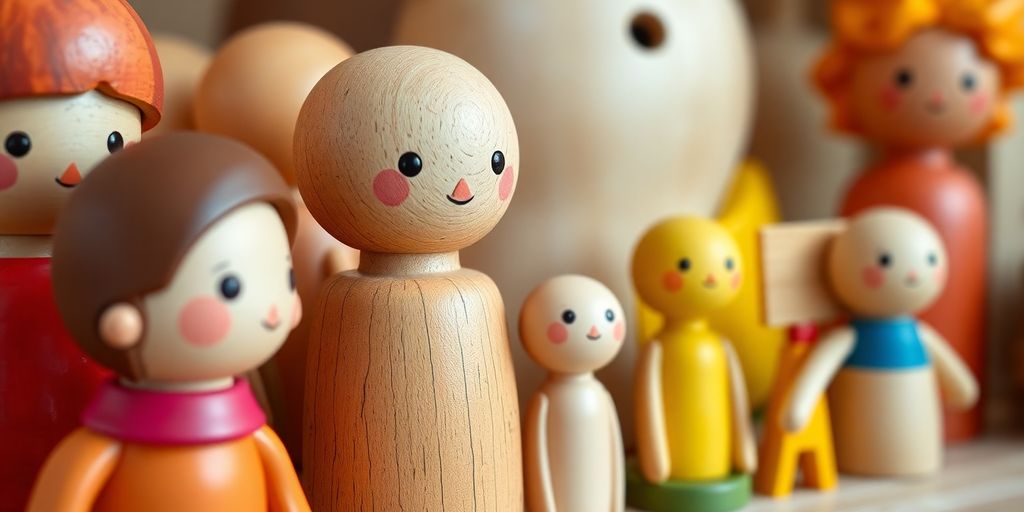 Nahaufnahme von handgefertigtem Waldorf Spielzeug aus Holz.