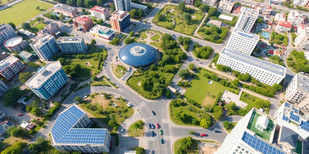 Aerial view of Lahore Smart City with greenery and architecture.
