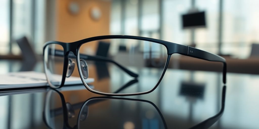 Smart glasses on a desk in a modern office.
