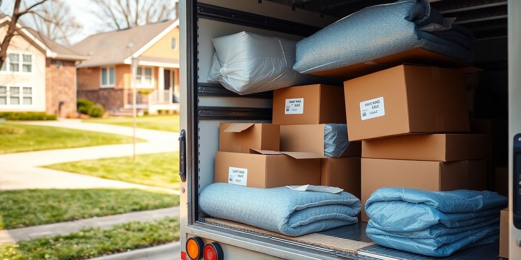 Caminhão de mudança com caixas bem embaladas.