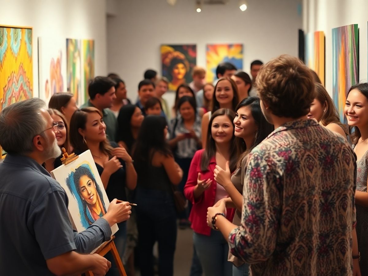 Artist interacting with audience in a colorful gallery.