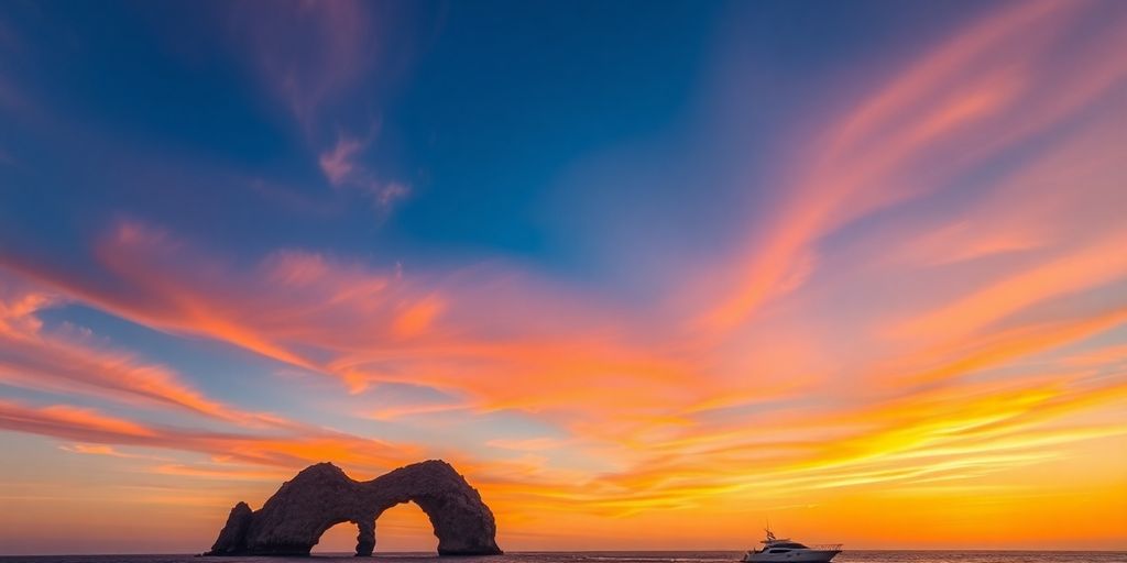 Arch of Cabo San Lucas at sunset, calm water below.