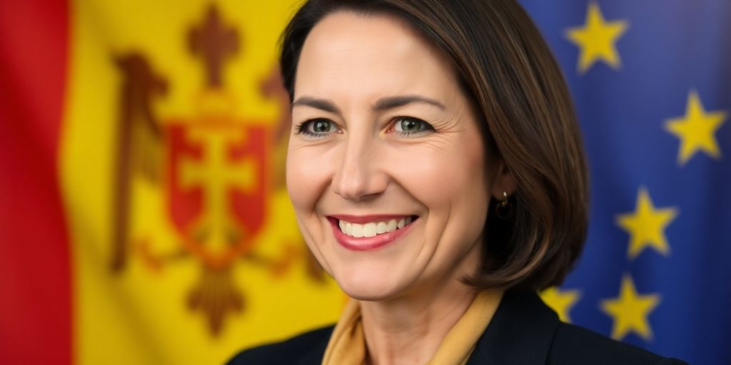 Maia Sandu souriante, drapeau moldave en arrière-plan.