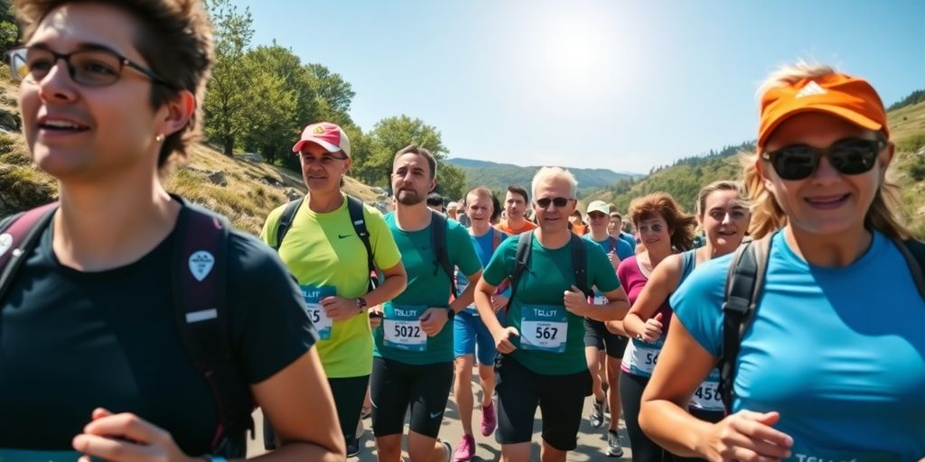 Group of walkers on a marathon trail in nature.