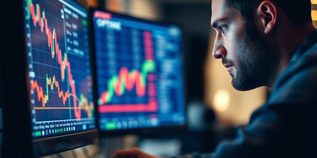 Trader focused on options analysis in a dimly lit room.
