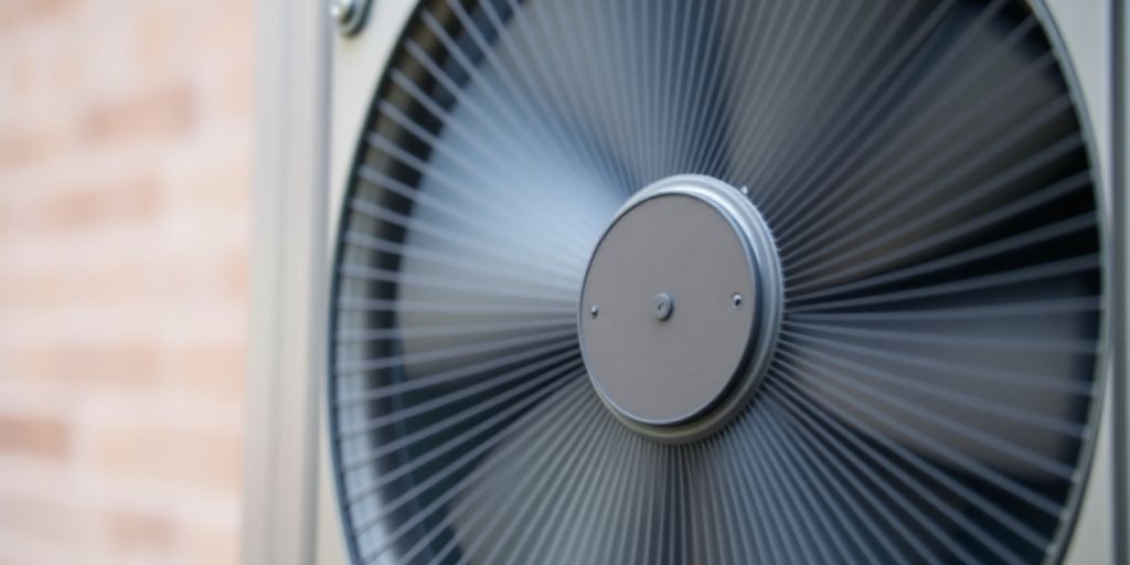 Une unité extérieure de climatisation avec un ventilateur en mouvement.