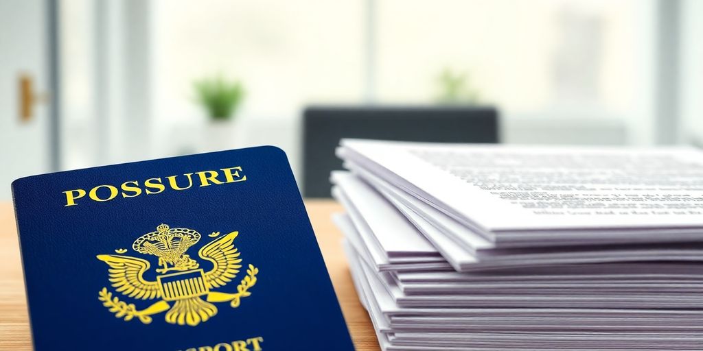 Illustrative image of a passport and a resume.
