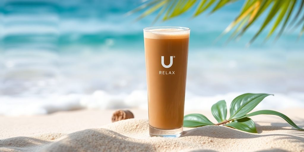 Glass of Ü Relax kava drink on a sandy beach.