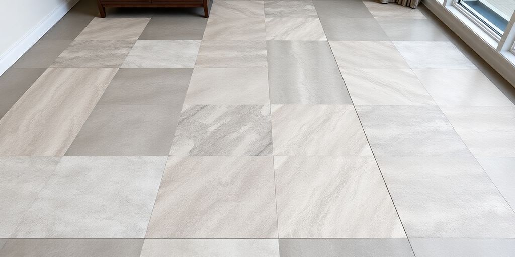 Large format tiles arranged on a floor.