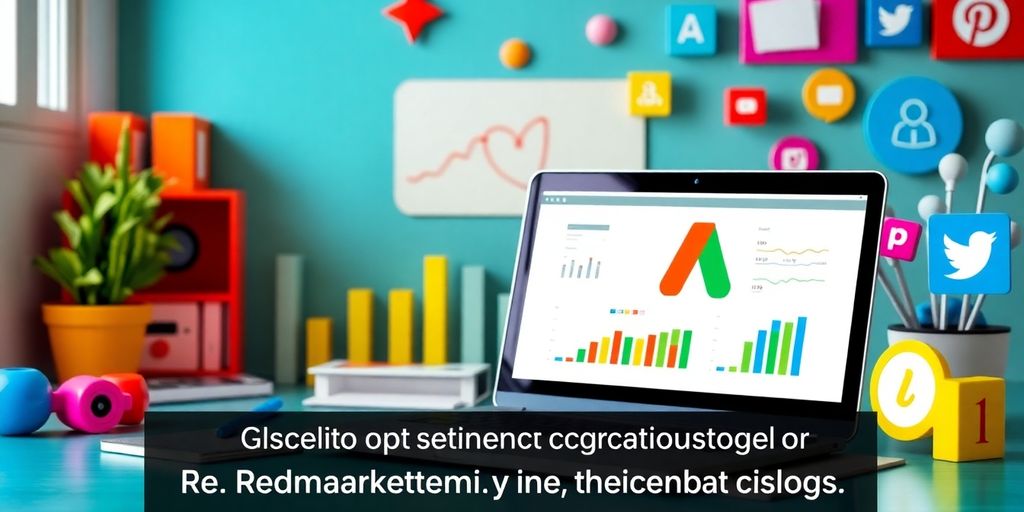 Digital marketing workspace with laptop and colorful icons.