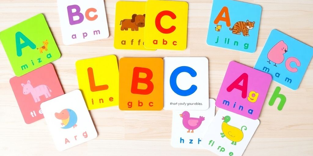 Colorful educational flash cards for toddler learning.
