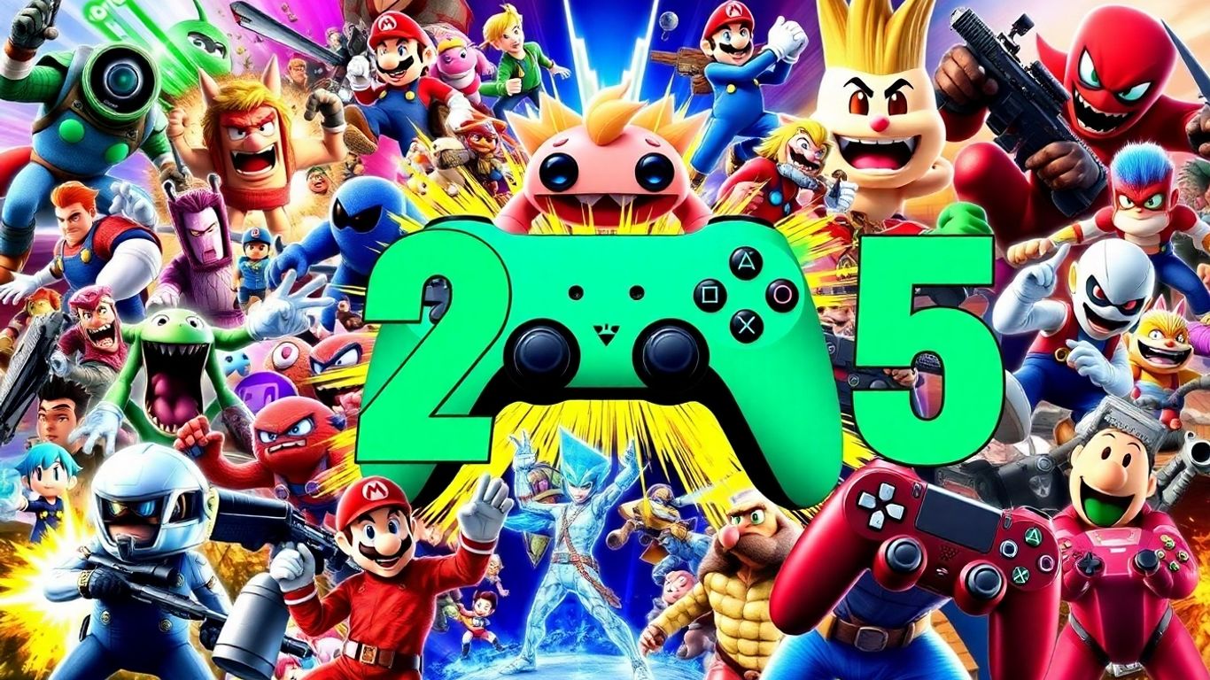 Collage of 2015 game characters and controllers.