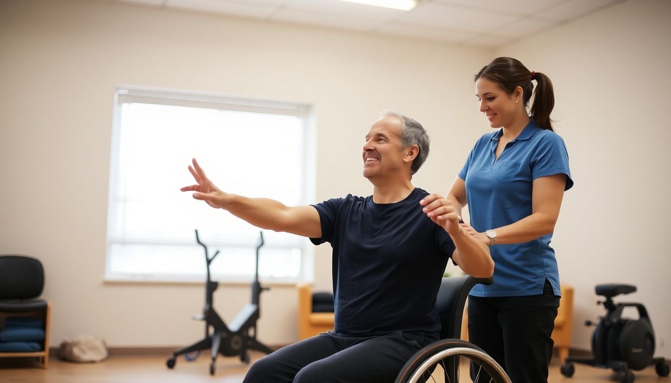 Therapist assisting patient in activity-based therapy session.
