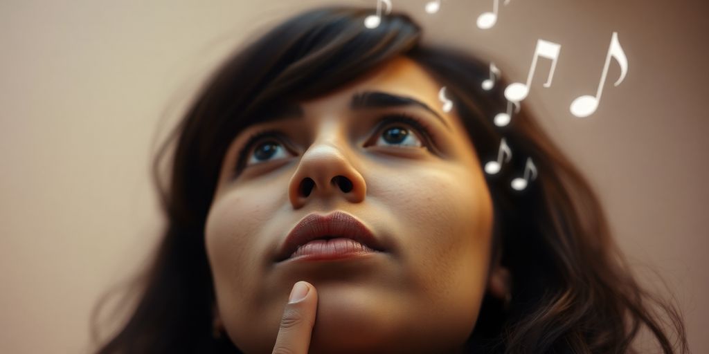 Person humming with musical notes surrounding their head.